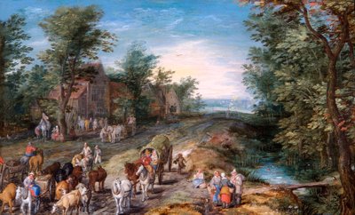 Escena de carretera con viajeros y ganado, c.1611 (óleo sobre tabla de roble) de Jan the Elder Brueghel