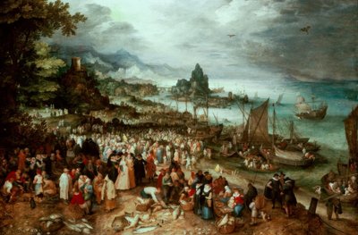 Puerto con la predicación de Cristo de Jan the Elder Brueghel