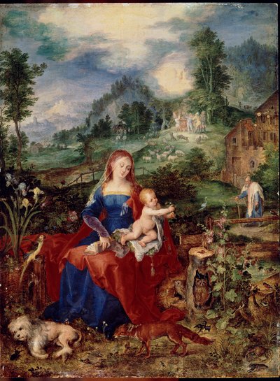 La Sagrada Familia con animales, la Virgen hojeando un libro y sosteniendo al niño Jesús, rodeada de un perro, zorro, pájaros, cangrejo, búho, loro; rana, caracol e iris. Pintura de Jan Breugel el Viejo llamado Bruegel de Terciopelo de Jan the Elder Brueghel