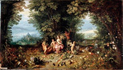 Los cuatro elementos: La Tierra. Alegoría. Vista del Paraíso Terrenal con frutas, verduras, flores y animales (incluyendo cobaya) de Jan the Elder Brueghel