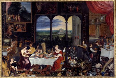El gusto, el oído y el tacto. Alegoría de los cinco sentidos. La comida de una familia rica: aves y mariscos componen el menú del banquete. Pintura de Jan I Brueghel de Jan the Elder Brueghel