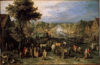 Pueblo con carros de Jan the Elder Brueghel