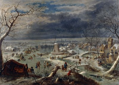 Un paisaje invernal con patinadores en un canal congelado junto a un pueblo, un cazador en primer plano, Amberes al fondo de Jan the Elder Griffier