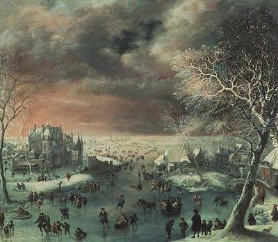Un paisaje invernal con figuras en el hielo de Jan the Elder Griffier