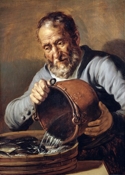 Agua y vejez: Pescadero con cubo y tina de peces de Jan the Elder Lievens