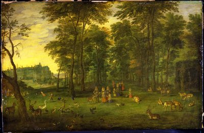 El archiduque Alberto VII de Austria y la archiduquesa Isabel Clara Eugenia caminando en el parque del castillo real en Bruselas de Jan Brueghel the Younger