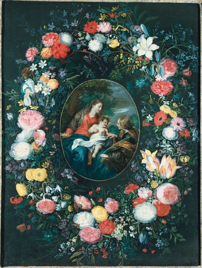 El Matrimonio Místico de Santa Catalina en un Paisaje, rodeado por una Guirnalda de Flores de Jan Brueghel the Younger