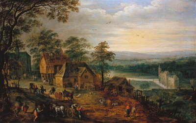 Calle del pueblo con figuras y carros, un castillo con foso en el fondo de Jan Brueghel the Younger