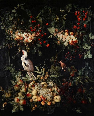 Guirnaldas de frutas con flores alrededor de un cartucho con una cacatúa de cresta de azufre de Jan van (attr. to) Kessel
