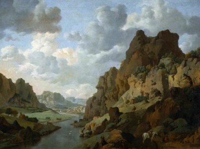 Holandés: Paisaje montañoso con viajeros descansando Paisaje rocoso. de Jan van Aken
