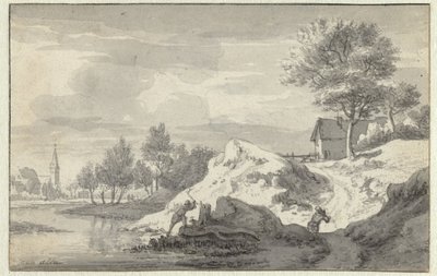Paisaje con figuras cortando leña a orillas de un río de Jan van Aken