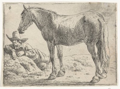 Caballo de pie con jinete en reposo
Paisajes con caballos (título de la serie) de Jan van Aken