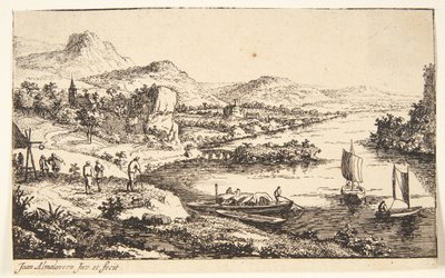 Paisaje fluvial con usuarios de la carretera, a la derecha una barcaza y dos botes de vela de Jan van Almeloveen