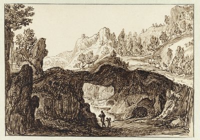 Paisaje de montaña rocosa con dos viajeros en primer plano de Jan van Almeloveen