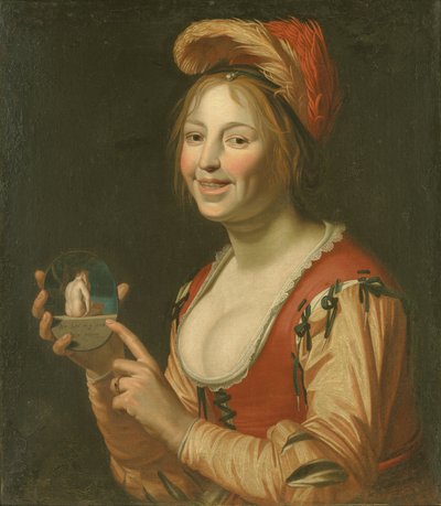 Chica riendo mostrando una pequeña imagen de una mujer desnuda vista desde atrás de Jan van Bijlert