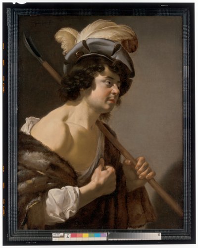 Un pastor, de perfil y de medio cuerpo, con un elegante gorro de plumas de Jan van Bijlert or Bylert