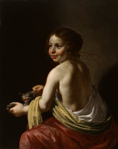 Muchacha burlándose de un gato, c.1630 (óleo sobre tabla) de Jan van Bijlert or Bylert