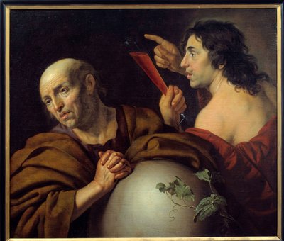 Heráclito y Demócrito Los filósofos griegos Heráclito de Éfeso (535-475 a.C.) y Demócrito (460-370 a.C.). Pintura de Jan van Bijlert (1597-1671) siglo XVII de Jan van Bijlert or Bylert