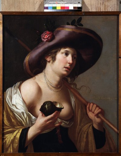""Retrato de Granida"" El personaje de Granida sosteniendo una concha que utiliza para beber el agua que le da el pastor Daifilo. Basado en la obra de teatro ""Granida"" de Pieter Corneliszoon Hooft. Pintura de Jan van Bylert (1598-1671) Colecciones Museo de Jan van Bijlert or Bylert