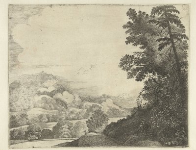 paisaje con ovejas en la colina y árboles Paisajes (título de la serie) de Jan van Brosterhuyzen