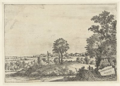 Paisaje con dos hombres en un camino de tierra y vistas a un pueblo Paisajes (título de la serie) de Jan van Brosterhuyzen