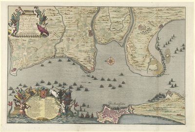 Mapa del Desembarco y Expedición Aliados en Cádiz, 1702 Plano del Dissante de Desembarco en Spangien para Cadix con los Campements y Marse hecho por el Duque de Ormont y el General Majoor y Baron de Spar Ceedert el 26 de Agosto a de Jan van Call (I)
