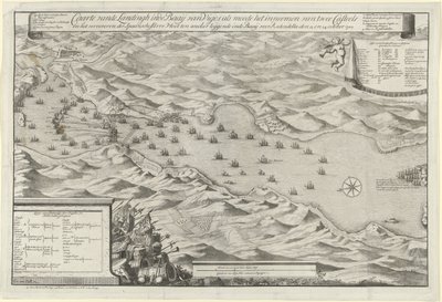 Batalla de la Bahía de Vigo y Captura de la Flota de Plata Española, 1702 Caarte vande Landingh en la Bahía de Vigos como parte de la captura de dos Casteels y la captura de la Flota de Plata española fondeando en el Baay para Redondella den de Jan van Call (I)