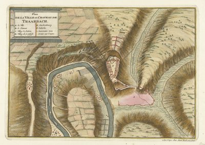 Mapa del pueblo y castillo de Trarbach, 1704 Plan de la Ville et: Chateau: de Traarbach (título sobre el objeto) de Jan van Call (II) (attributed to)