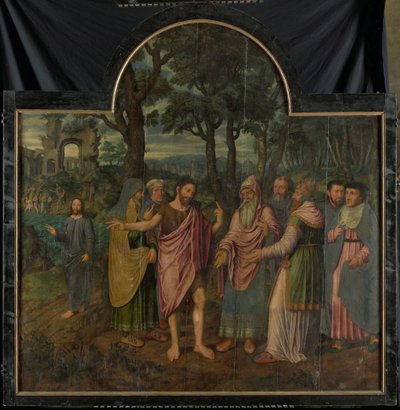 Juan el Bautista amonesta a los fariseos, panel central de un tríptico de Jan van Coninxloo (II)