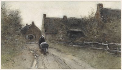 Escena de pueblo con mujer con carretilla de Jan van Essen
