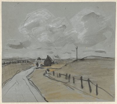 Vista a lo largo de una carretera con altos arcenes y vallas de Jan van Essen