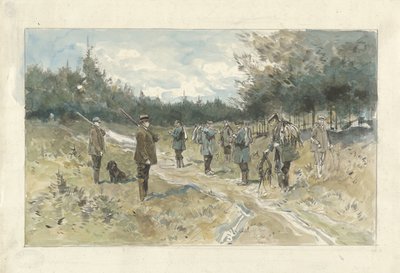 Paisaje con un grupo de cazadores después de cazar en el Leusderhei de Jan van Essen