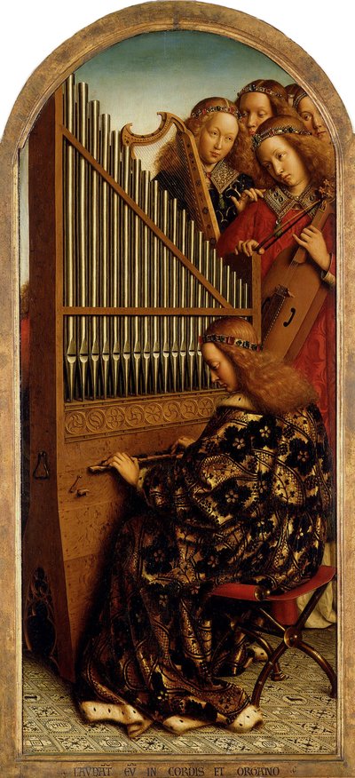 El retablo de Gante. Adoración del Cordero Místico: Ángeles músicos, 1432 de Jan van Eyck