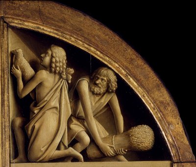 El Retablo de Gante. Adoración del Cordero Místico: El sacrificio de Caín y Abel, 1432 de Jan van Eyck