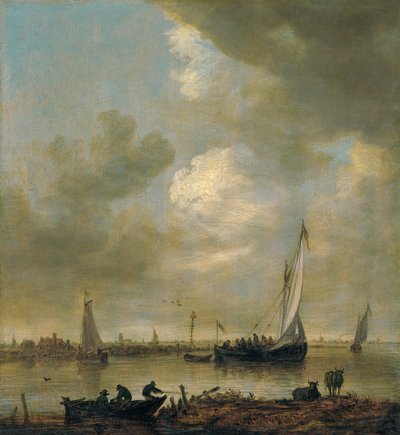Un estuario fluvial con "Smalschips" , pescadores y ganado abrevando de Jan van Goyen