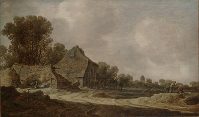 Un camino de arena con cabañas con techo de paja de Jan van Goyen