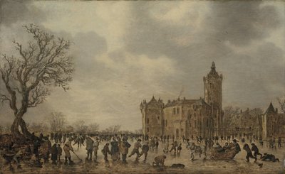 Un paisaje invernal con figuras desportándose sobre el hielo junto al castillo de Montfoort de Jan van Goyen