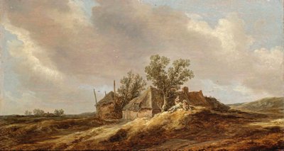 Un extenso paisaje de dunas con campesinos descansando frente a una granja de Jan van Goyen