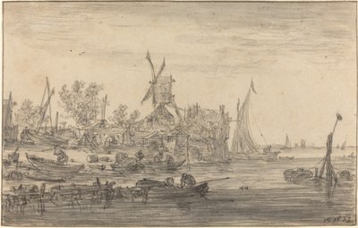 Escena de la Orilla con Molino de Viento de Jan van Goyen