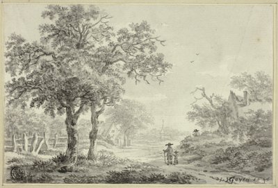Hombre y niño caminando por la carretera del pueblo de Jan van Goyen