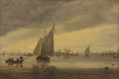 Amanecer sobre el Haarlemmermeer con un schmalship y otros barcos de Jan van Goyen