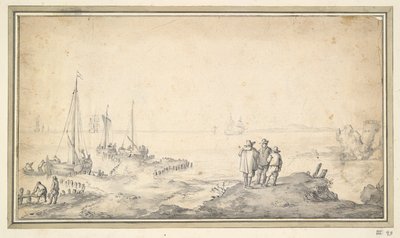 Tres figuras en una duna con vista a la bahía con barcos de Jan van Goyen