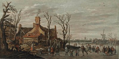 Paisaje invernal con figuras sobre el hielo cerca de una casa de campo de Jan van Goyen