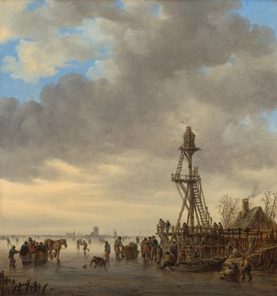Paisaje invernal con lago congelado, patinadores y torre de observación de madera de Jan van Goyen