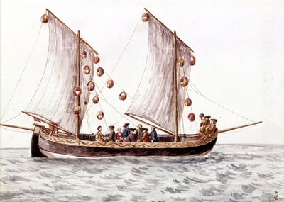 Un trabac veneciano con linternas, barco de pesca utilizado en aguas poco profundas como el mar Adriático. Dibujo en acuarela y tinta del manuscrito “Costumbres de los venecianos” de Jan van Grevenbroeck (o Giovanni Grevembroch) (1731-1807) de Jan van Grevenbroeck