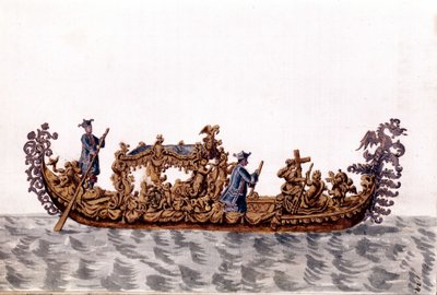Una góndola real. Dibujo en acuarela y tinta del manuscrito "Costumbres de los venecianos" de Jan van Grevenbroeck (o Giovanni Grevembroch) (1731-1807) de Jan van Grevenbroeck