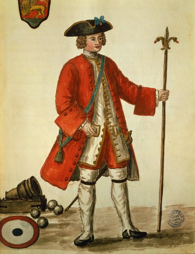 Un artillero de la marina veneciana en uniforme, tomado de Los trajes de los venecianos de Jan van Grevenbroeck