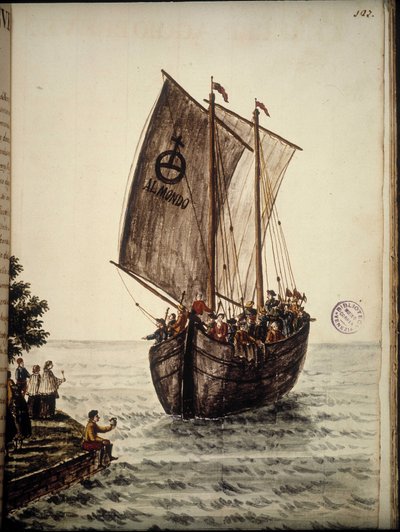 Barco de los peregrinos. Dibujo en acuarela y tinta del manuscrito "Costumbres de los venecianos" de Jan van Grevenbroeck (o Giovanni Grevembroch) (1731-1807) de Jan van Grevenbroeck