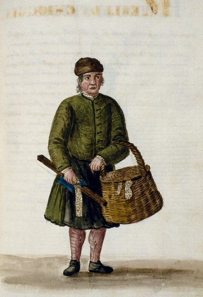Vendedora de encajes de Chioggia, ilustración del manuscrito de trajes venecianos, Volumen IV, c 68, por Jan Grevenbroeck, acuarela de Jan van Grevenbroeck