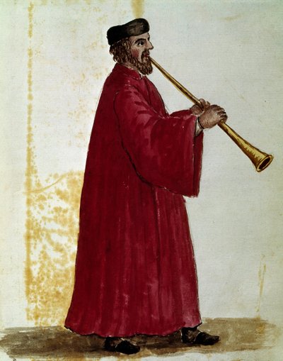 Flautista. Dibujo en acuarela y tinta del manuscrito “Costumbres de los venecianos” de Jan van Grevenbroeck (o Giovanni Grevembroch) (1731-1807) de Jan van Grevenbroeck